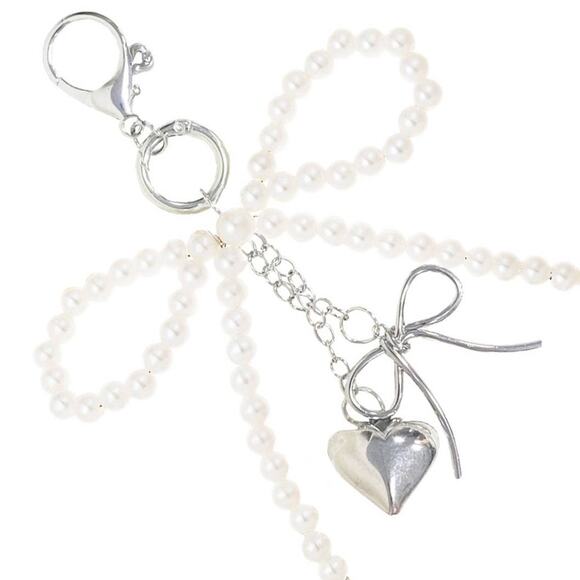 Pearl Silver Bow Heart Keychain Bag Charm - Picture 2 of 2